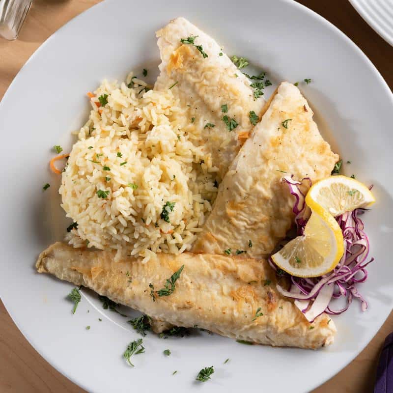 Fried perch, served with rice